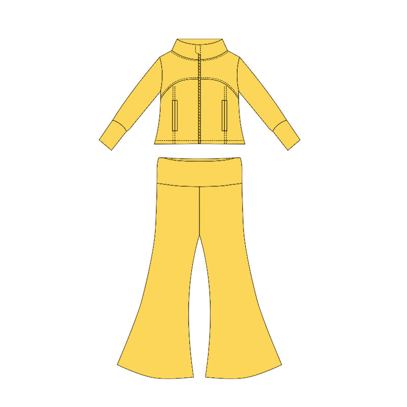( Moq 10 ) Baby Girl Yellow Long Sleeves Pockets Zipper Tops Bell Bottom Pant Set