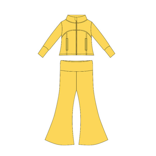 ( Moq 10 ) Baby Girl Yellow Long Sleeves Pockets Zipper Tops Bell Bottom Pant Set
