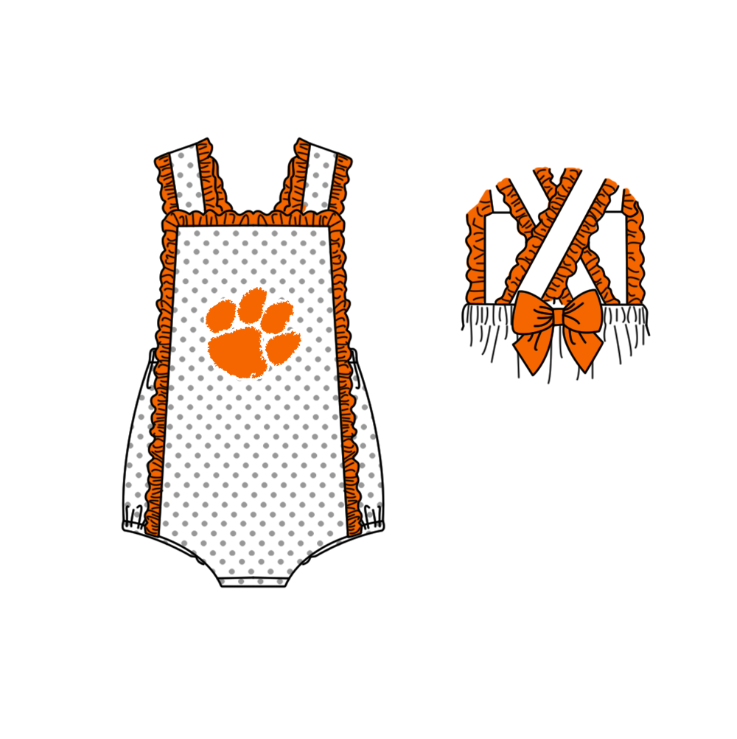 ( Moq 5 ) Baby Girls Kids Sleeveless Dots Orange Bows Team Romper