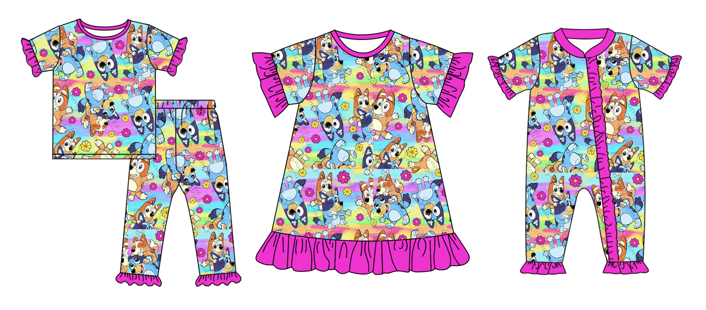 Baby Girl Short Sleeves Dog Flower Sibling Matching Romper Dress Clothes Set Moq 5 Each Design