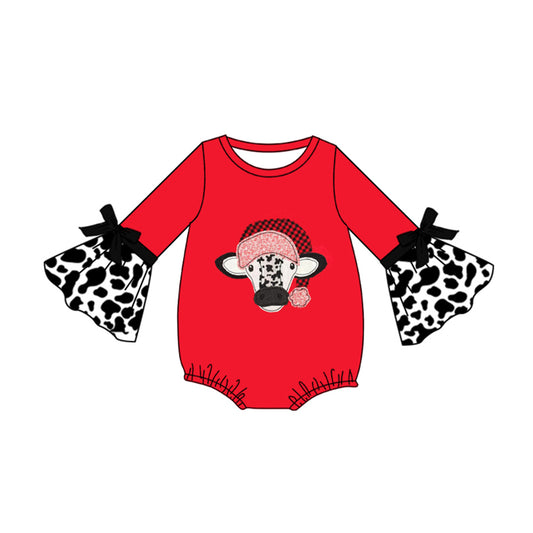 Baby Girl Long Sleeves Christmas Cow Red Bubble Romper