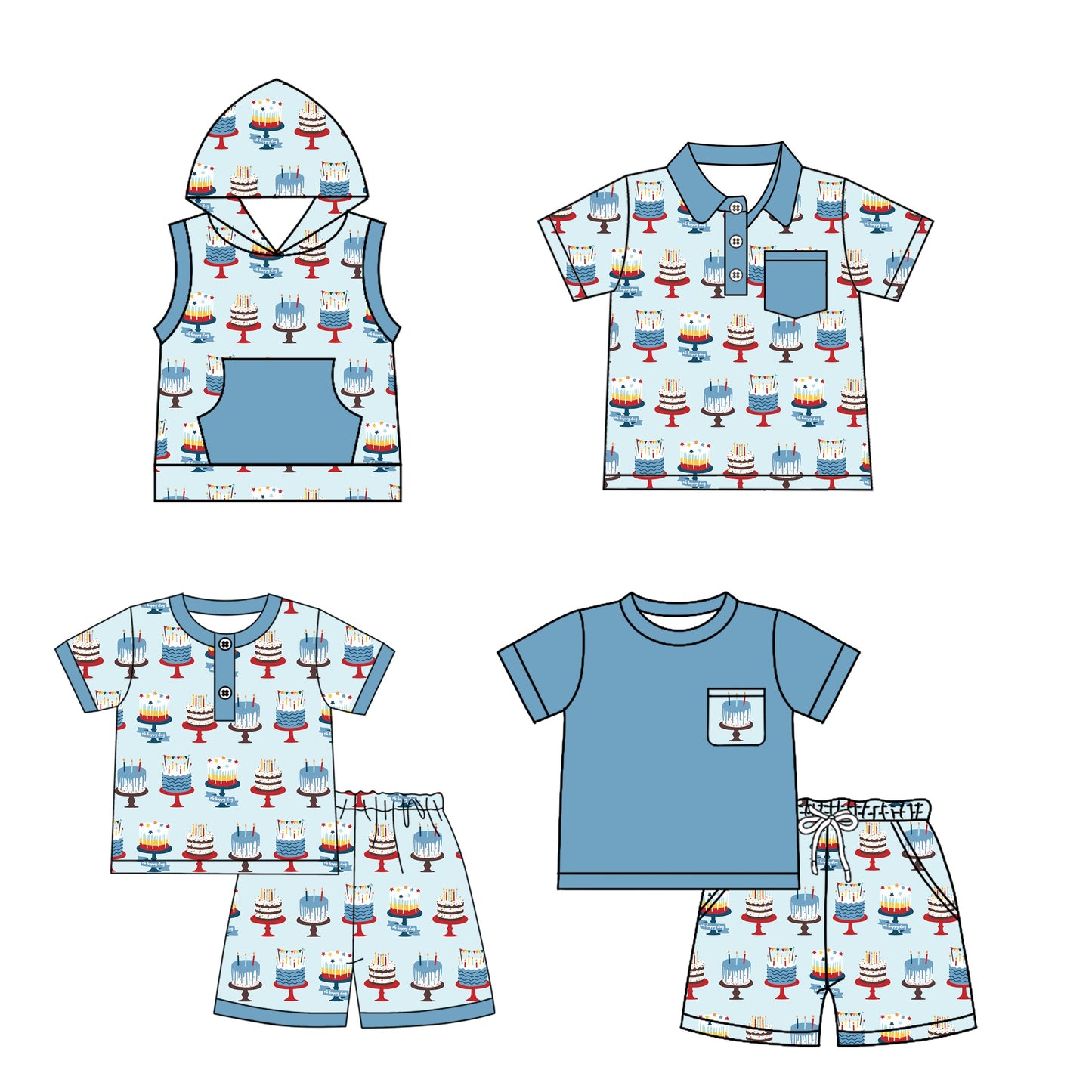 Baby Boy Short Sleeves Cakes Blue Sibling Romper Shirt Set ( Moq 5 Each Style ) 3.5