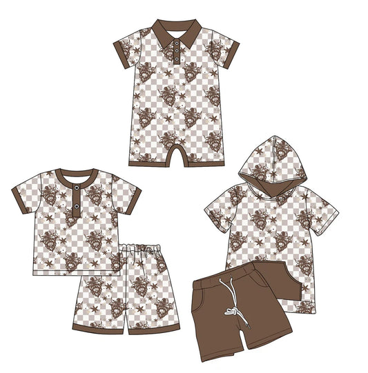 ( Moq 5 Each Style ) Baby Boys Kids Short Sleeves Cow Stars Plaid Sibling Western Romper Sets