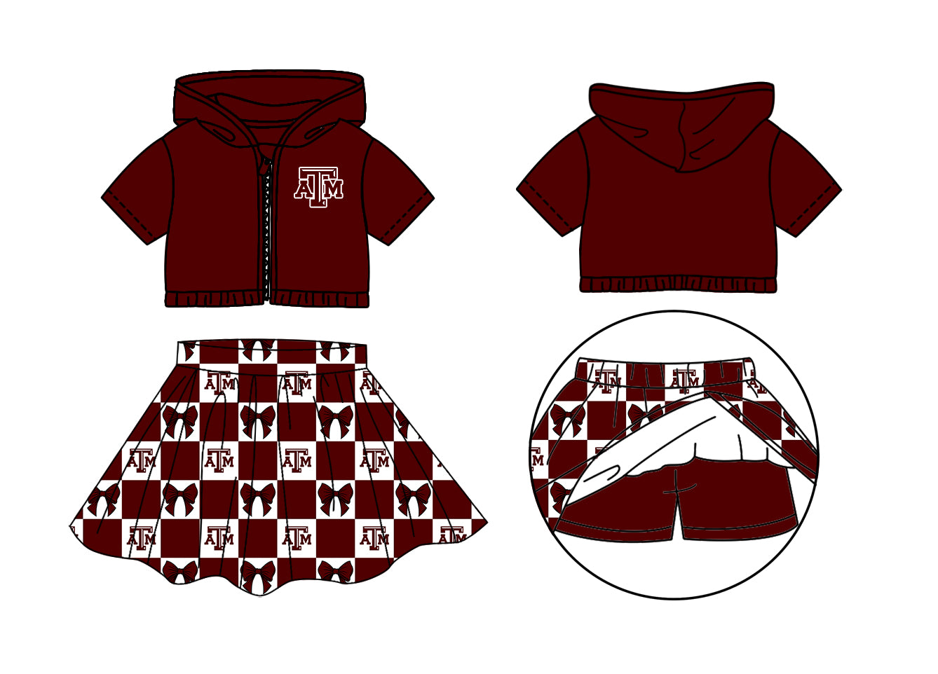 ( Moq 5 Each Style ) Baby Girls Kids Toddler ATM Hoodie Zipper Tops Bows Shorts Skirt Team Set