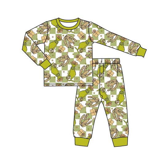 Baby Boy Christmas Frog Checkered Cactus Shirt Pants Pajamas Green Set