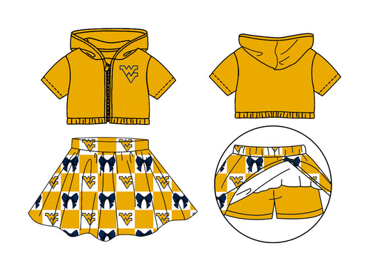 ( Moq 5 Each Style ) Baby Girls Kids Short Sleeves WV Hoodie Zipper Tops Bows Plaid Shorts Skirt Team Set