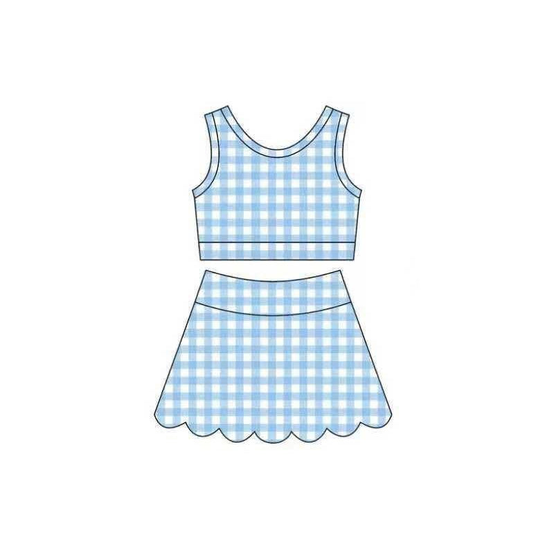 ( Moq 5 ) Preorder Baby Girls Kids Blue Plaid Shirt Scallop Skirt Shorts Yoga Active Set Clothes