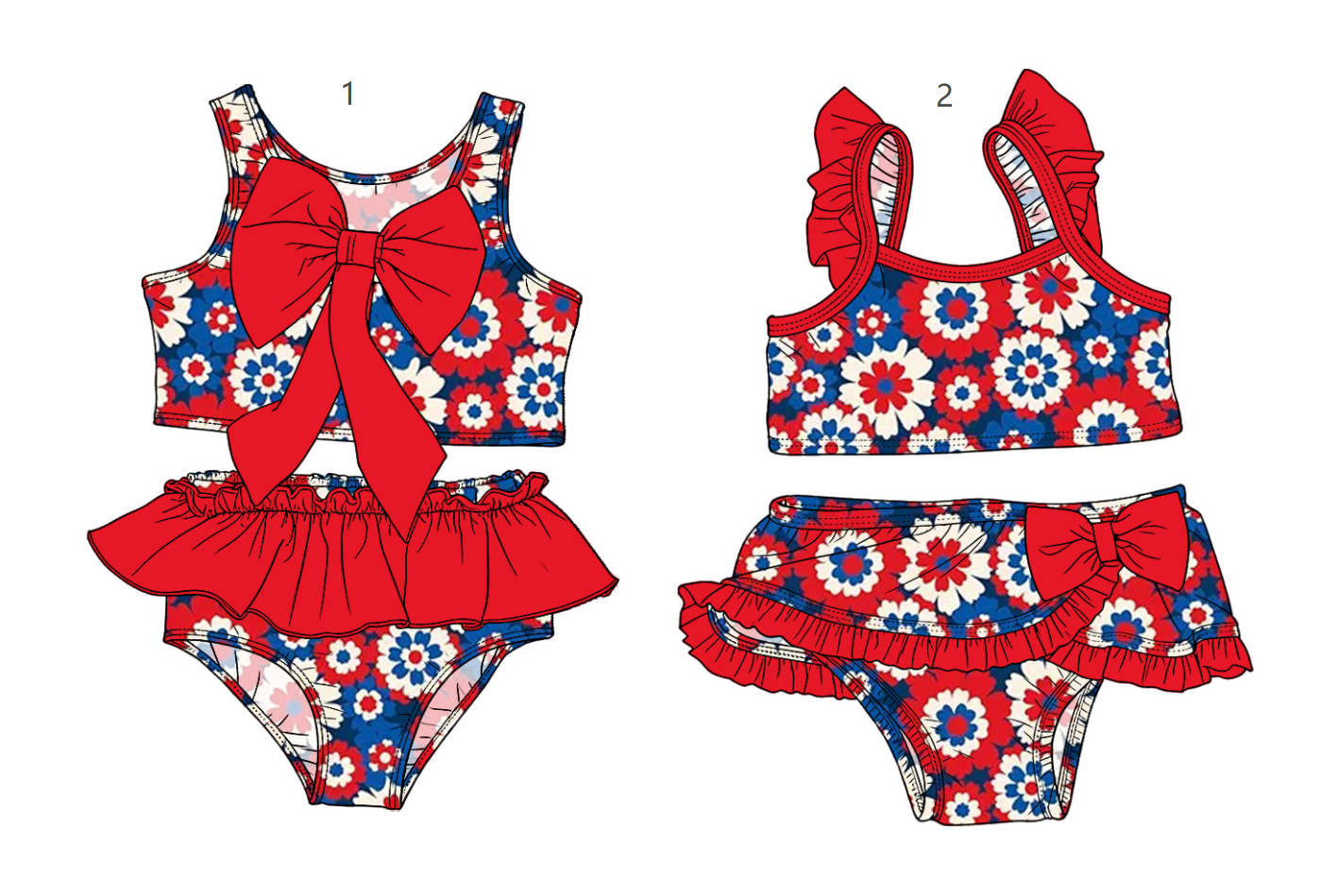 ( Moq 5 Each Style ) Sibling Baby Girls Kids Flower Tops Ruffle Shorts 4th of July Sets Summer Swimsuits
