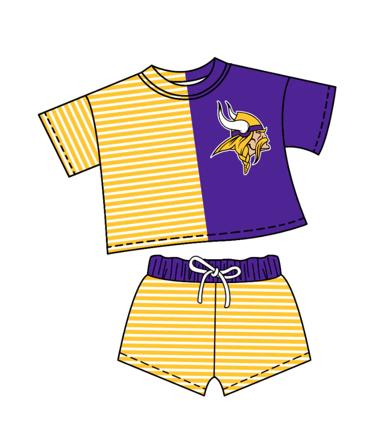 ( Moq 5 ) Baby Girls Short Sleeves Yellow Stripes Purple Shirt Shorts Team Clothes Set