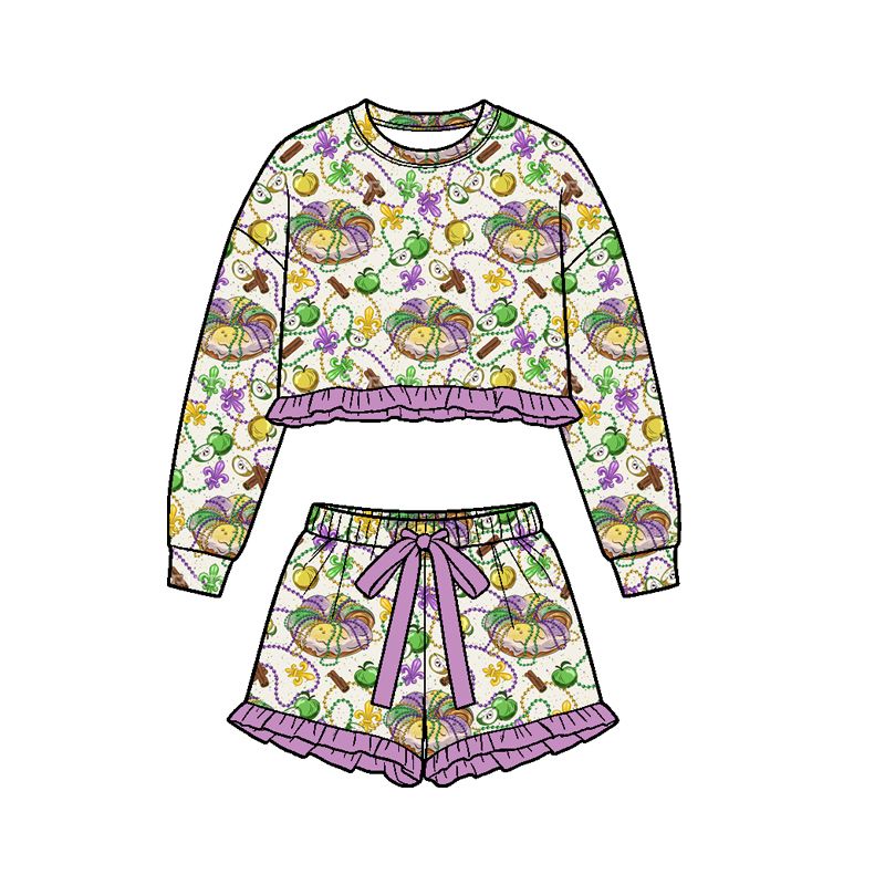 ( Moq 5 ) Preorder Baby Girls Kids Tractors Donuts Shirt Shorts Set Mardi Gras Clothes