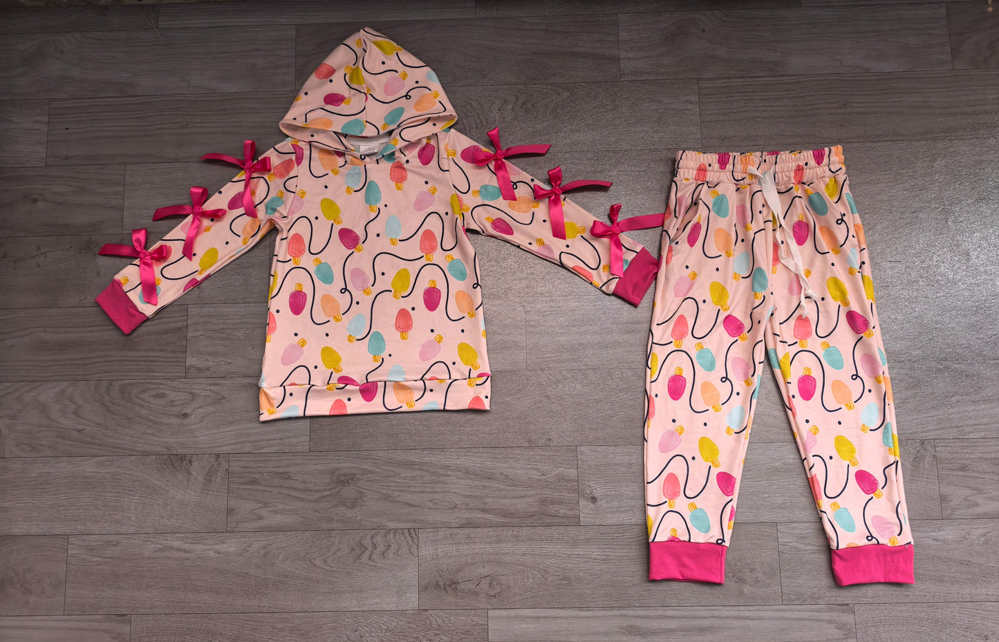 ( No moq ) Preorder Baby Girls Kids Christmas Lights Hoodie Bows Pullover Pockets Pants Set Clothes