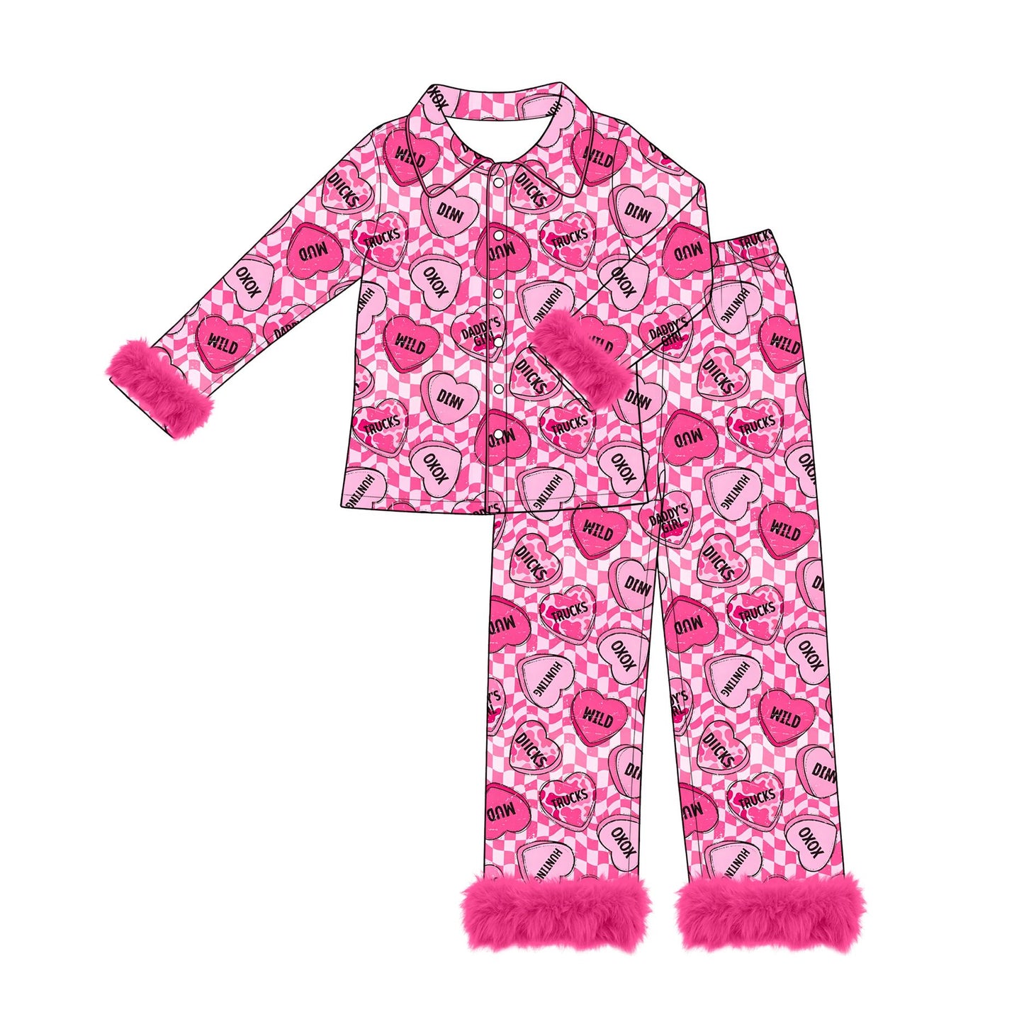 ( Moq 5 ) Preorder Adult Women Valentine Plaid Hearts Buttons Shirt Fur Pants Pajamas Pink Set