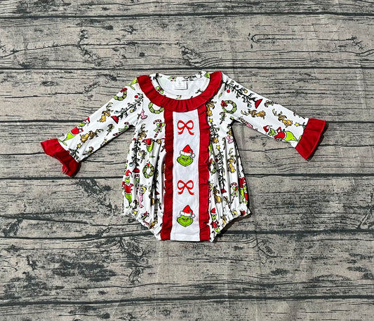 ( No moq ) Preorder Girls Kids Embroidery Green Face Bows Ruffle Christmas Bubble Romper