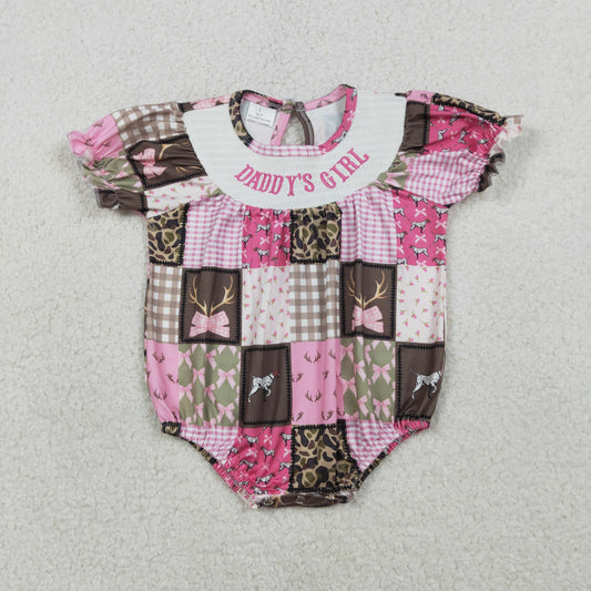 Baby Girls Infant Embroidery Daddy's Girl Dogs Deer Camo Hunting Smocked Bubble Romper