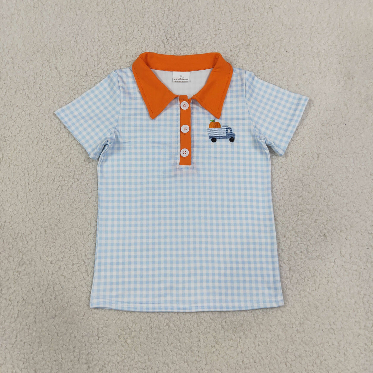 Baby Boys Kids Embroidery Pumpkin Truck Blue Plaid Buttons Shirt Kids Thanksgiving Clothes RTS