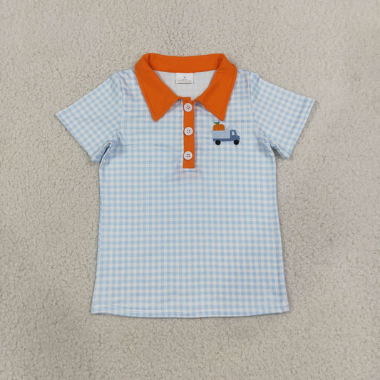 Baby Boys Kids Embroidery Pumpkin Truck Blue Plaid Buttons Shirt Kids Thanksgiving Clothes RTS