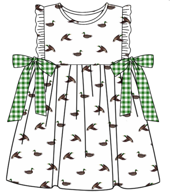 Baby Boy Girl Ducks Bows Sibling Matching Green Dress Romper Clothes Set ( Moq 5 Each style )