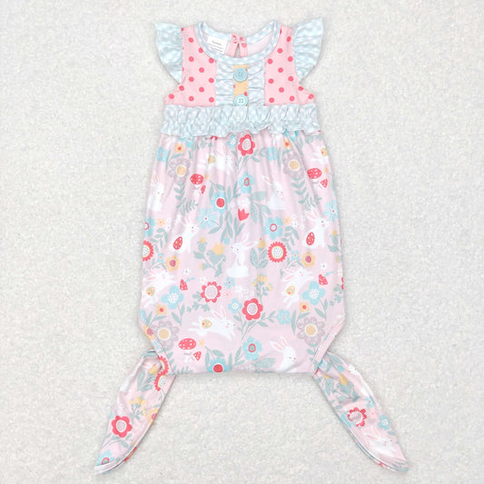 NB0033 Knotted Baby Girl Newborn Gown Easter Rabbit Floral Romper