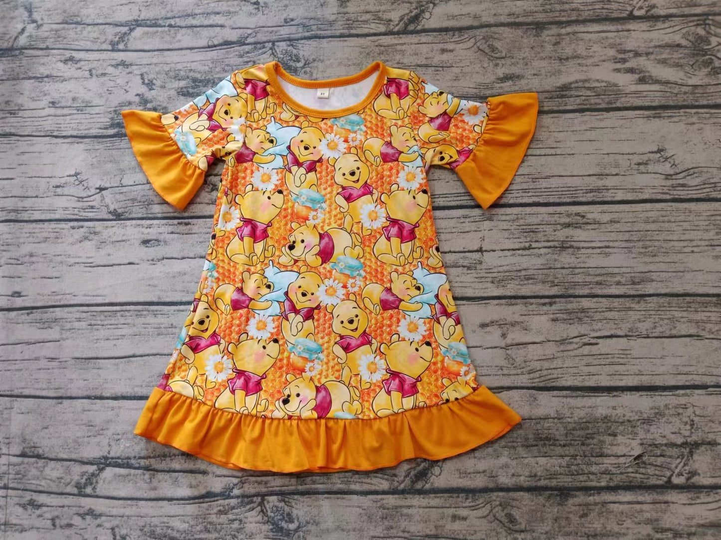 Baby Girl Short Sleeves Bear Flower Knee Length Dress Moq 5