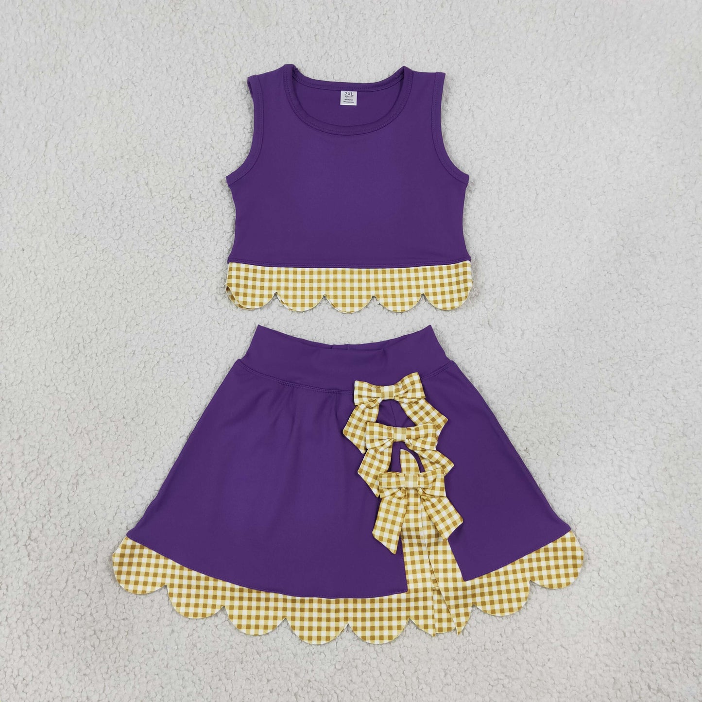 Baby Girls Kids Purple Vest Plaid Bows Scallop Bows Skirt Shorts Yoga Active Set Clothes RTS