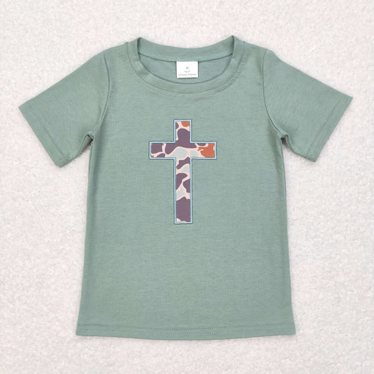 BT0443 Easter Baby Boy Short Sleeves Embroidery Cross Tops