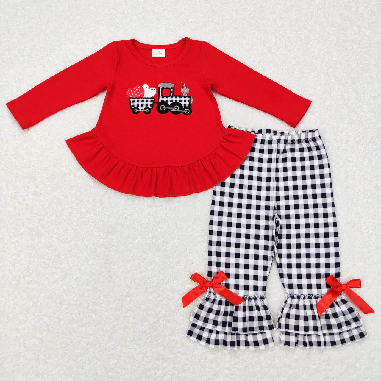 GLP0909 Baby Girl Long Sleeves Embroidery Valentines Hearts Tractor Shirt Plaid Pants Outfit Pajamas