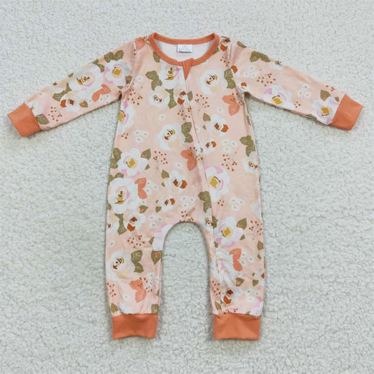 LR0476 Baby Girl Long Sleeves Zipper Floral One Piece Romper