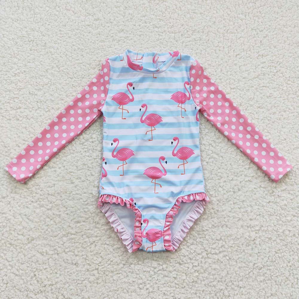 S0140 Baby Girl Long Sleeves Flamingo One Piece Summer Swimsuit