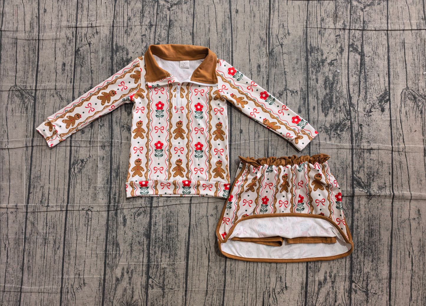 ( No moq ) Preorder Baby Girls Kids Gingerbread Flower Bows Zipper Shirt Skirt Shorts Christmas Set Clothes