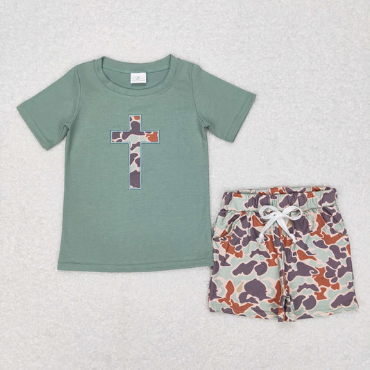 Baby Boy Short Sleeves Embroidery Cross Shirt Camo Shorts Set