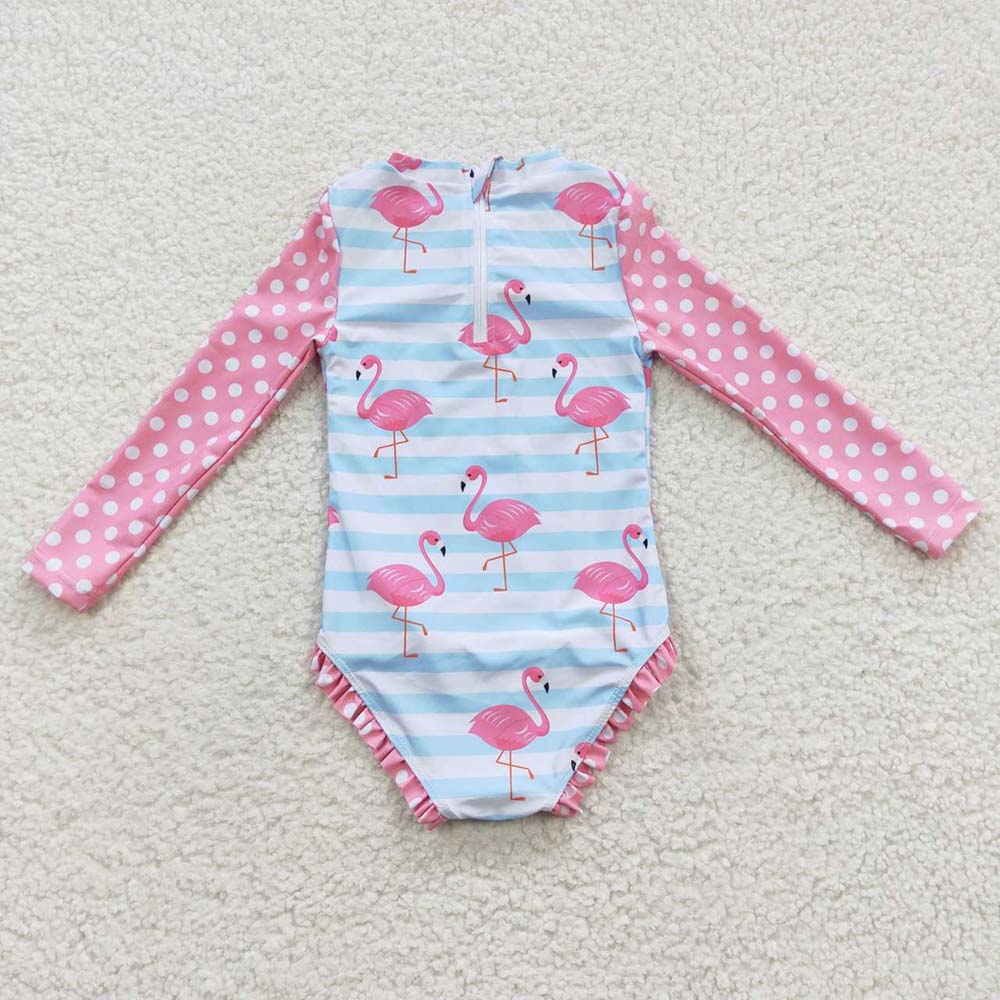 S0140 Baby Girl Long Sleeves Flamingo One Piece Summer Swimsuit