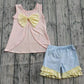 ( Moq 5  ) Baby Girl Sleeveless Cotton Bow Tunic Pink Ruffle Shorts Summer Set