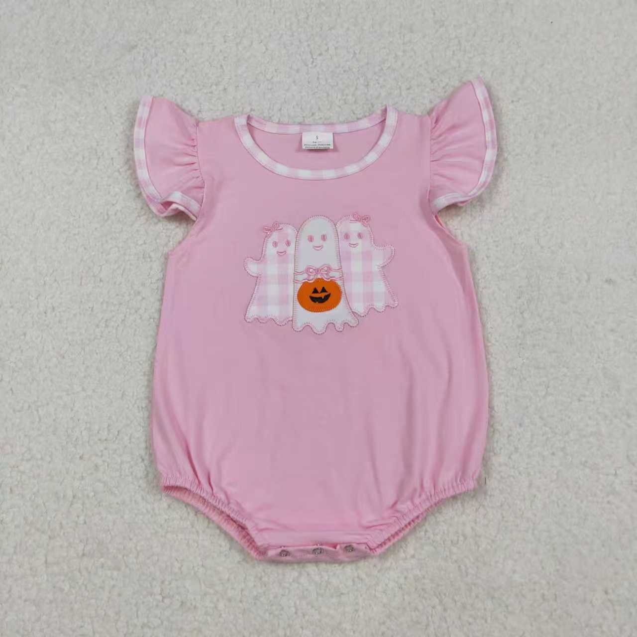 Sibling Boys Girls Short Sleeves Embroidery Ghosts Pumpkin Halloween Romper Set RTS
