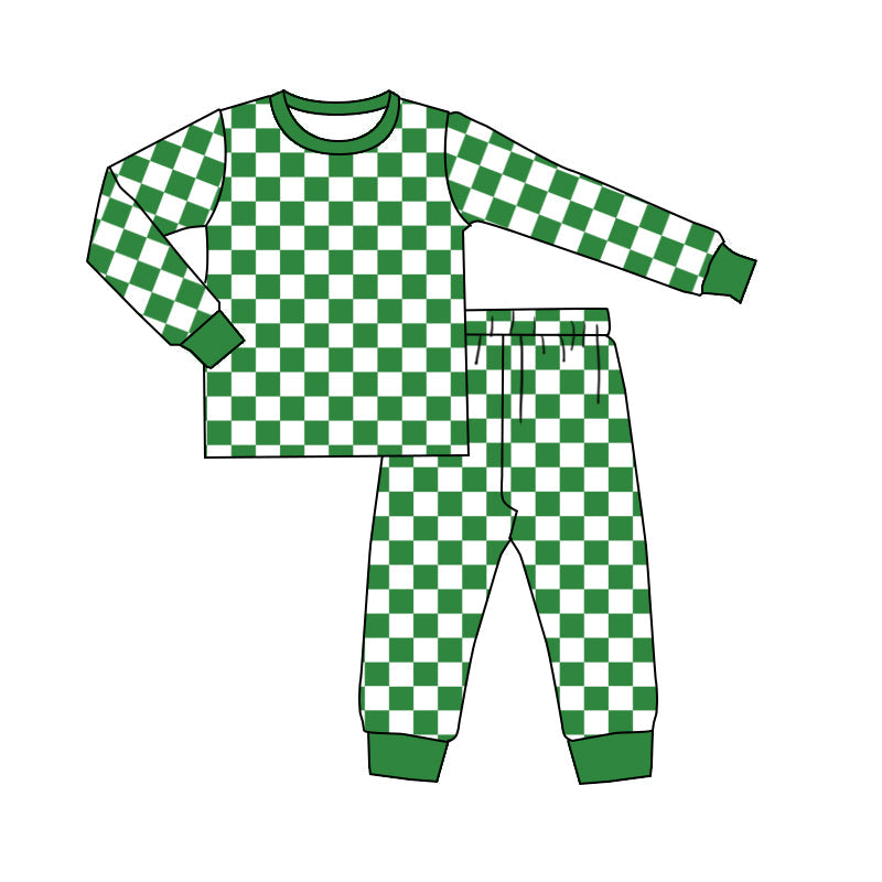 Baby Kid Green Checkered Christmas Shirt Pants Pajamas Set