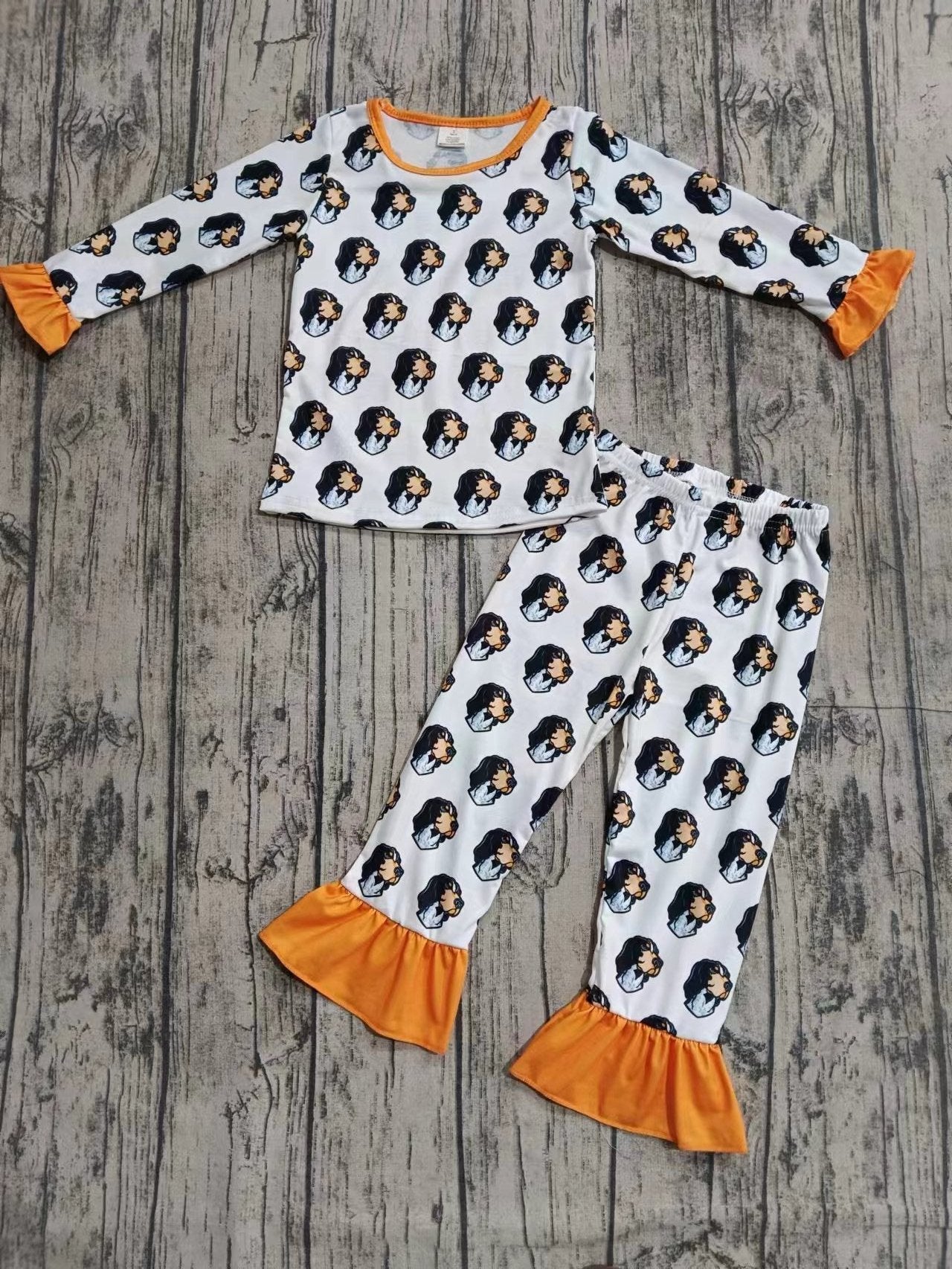 Baby Girl Long Sleeves Dog Shirt Pants Pajamas Team Ruffle Clothes Set Moq 5