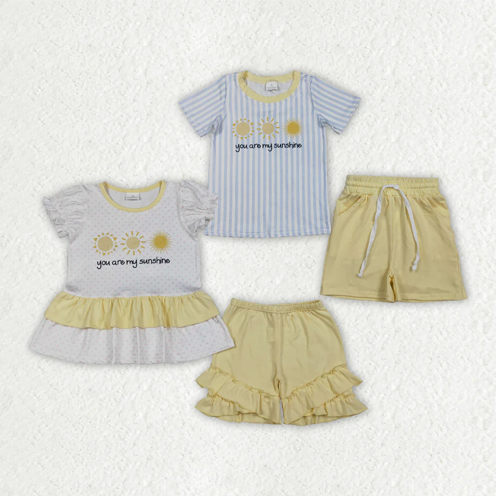 Sibling Baby Boys Girls Kids Short Sleeves Tops Yellow Cotton Shorts Set RTS