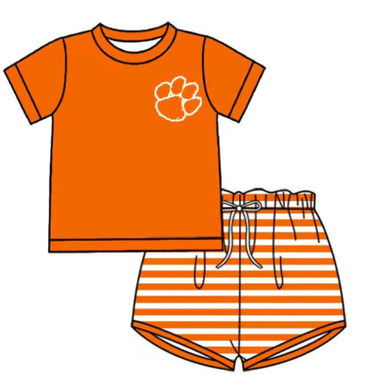 ( Moq 5 ) Baby Boys Short Sleeves Orange Shirt Stripes Shorts Team Clothes Set