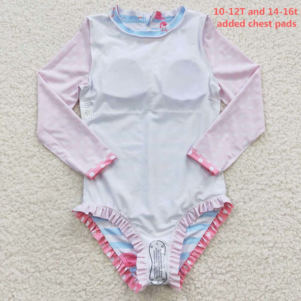 S0140 Baby Girl Long Sleeves Flamingo One Piece Summer Swimsuit