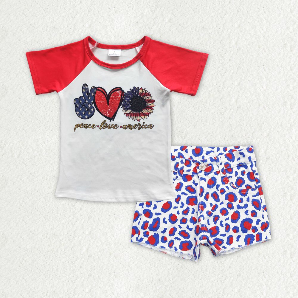 GSSO0756 Baby Girl Short Sleeves Shirt Leopard Denim Shorts July 4th Set