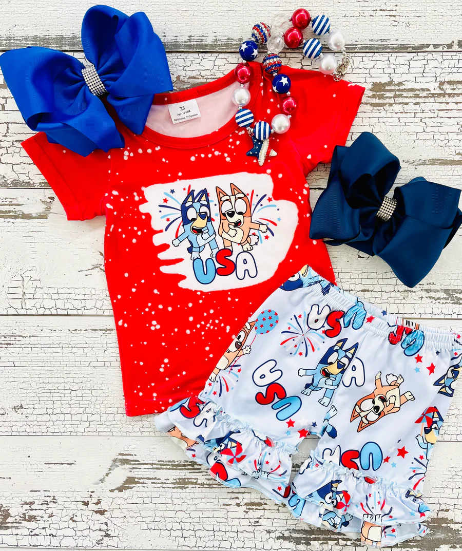 Promotion Baby Girl Red Shirt 4th of july Dogs Shorts Sets