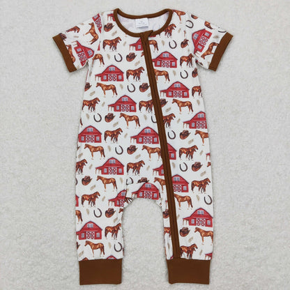 SR0509 Baby Boy Short Sleeves Horse Western Zipper Romper