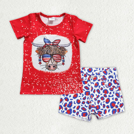 GSSO0757 Baby Girl Short Sleeves Cow Shirt Leopard Denim Shorts July 4th Set