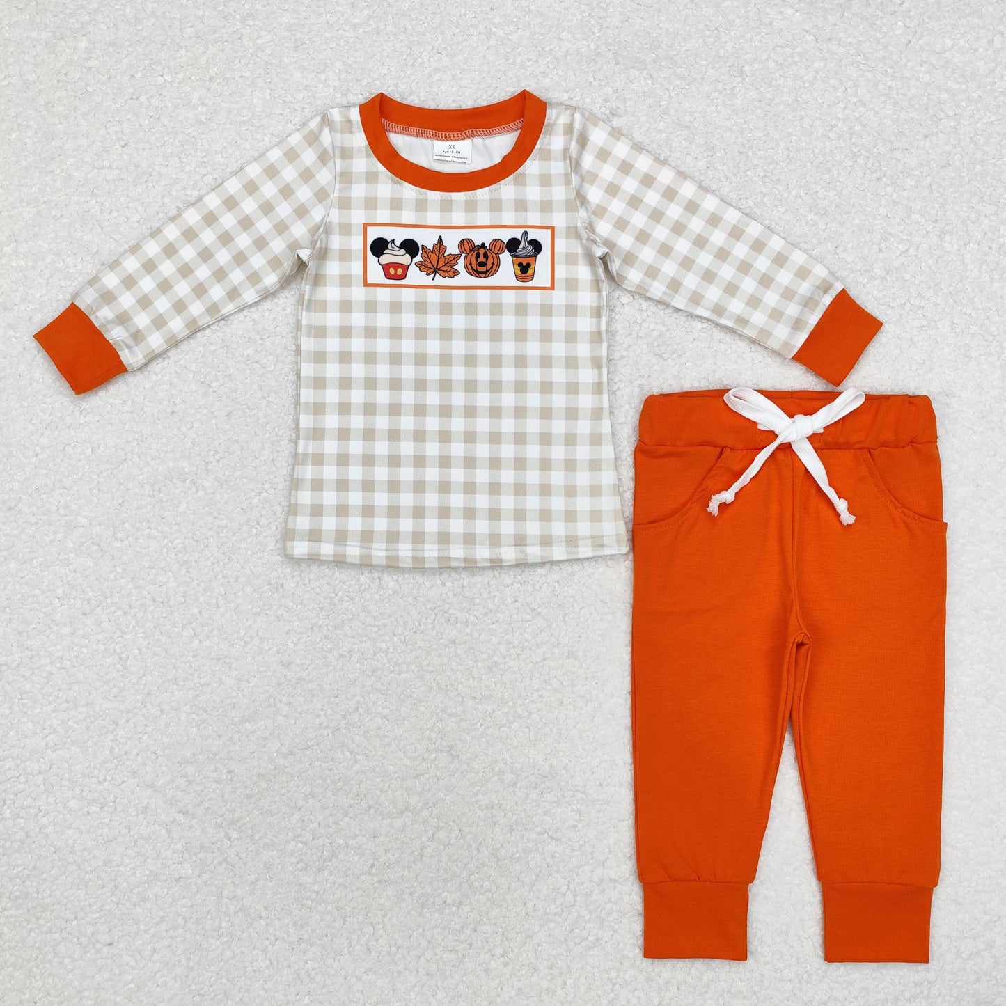 Baby Boy Halloween Checkered Cartoon Shirt Orange Pants Set