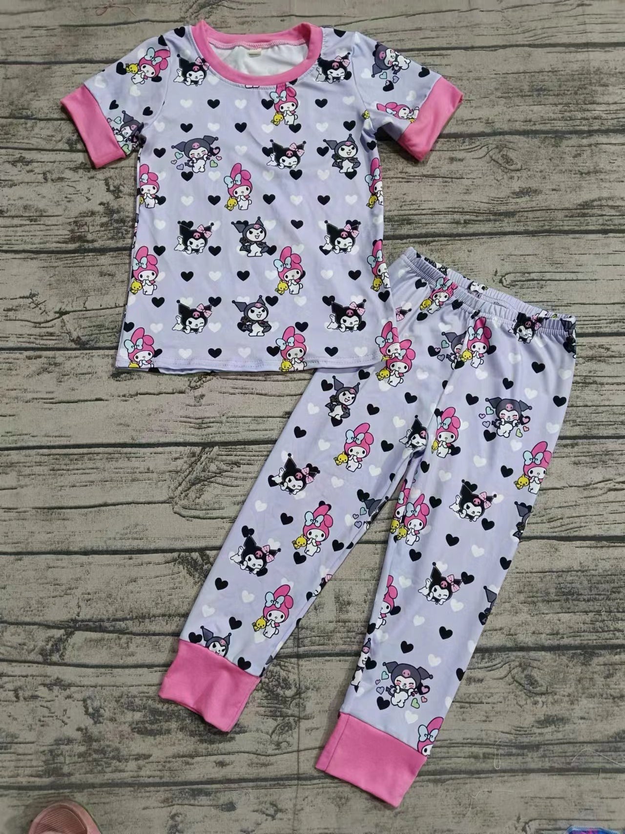 Baby Girl Short Sleeves Rabbit Heart Shirt Pants Pajamas Purple Set