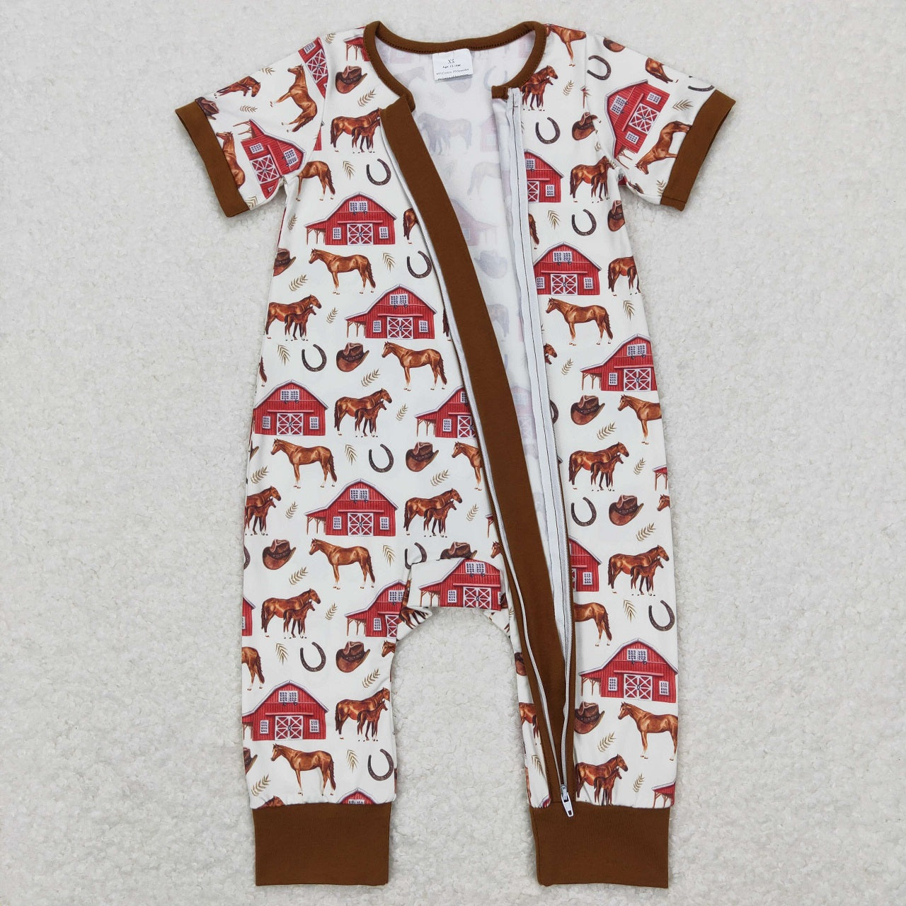 SR0509 Baby Boy Short Sleeves Horse Western Zipper Romper