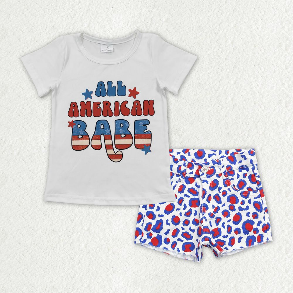 GSSO0758 Baby Girl Short Sleeves Shirt Leopard Denim Shorts July 4th Set