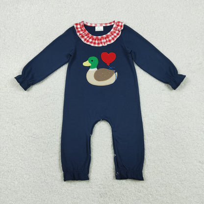 Baby Boys Infant Navy Long Sleeves Embroidery Duck Heart Valentine's Day Romper RTS