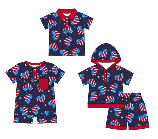 Baby Boy Short Sleeves Sibling July 4th Hearts Romper Clothes Set ( Moq 5 Each Design )11.27