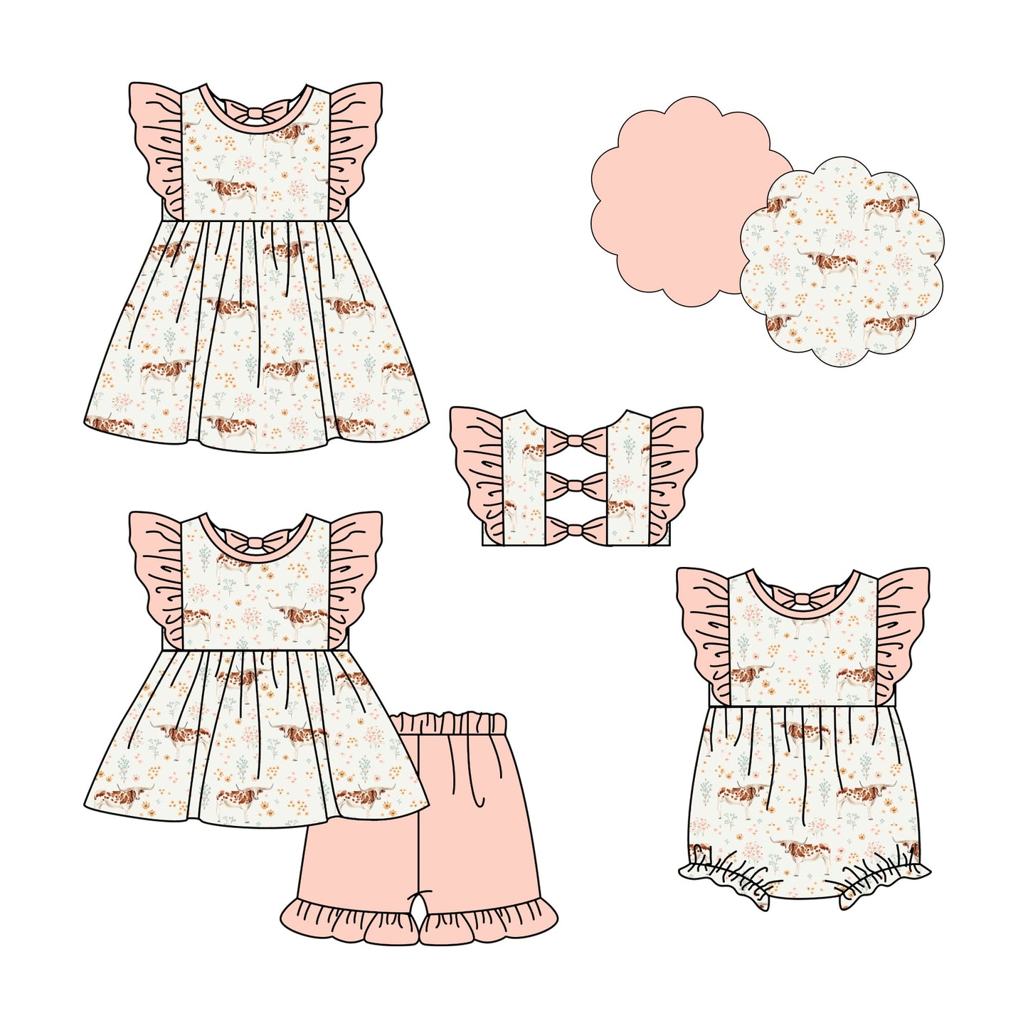 ( Moq 5 Each Style ) Baby Girl Short Sleeves Western Cow Floral Sibling Summer Romper Dress Set 4.23