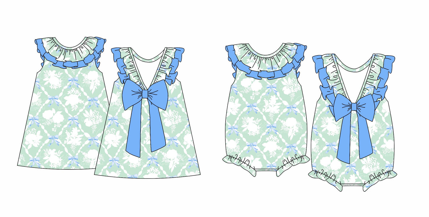Baby Girl Blue Bows Flower Sibling Romper Dress ( Moq 5 Each Design ) 12.14